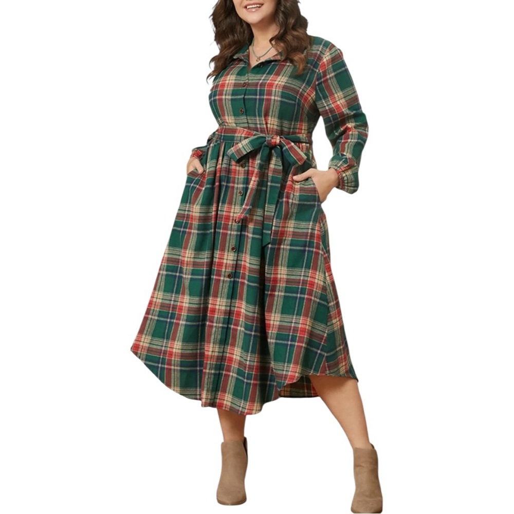 BloomChic Green Plaid Midi Dress